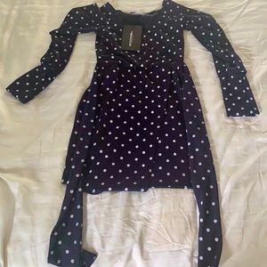 Polka dot navy blue and white wrap dress